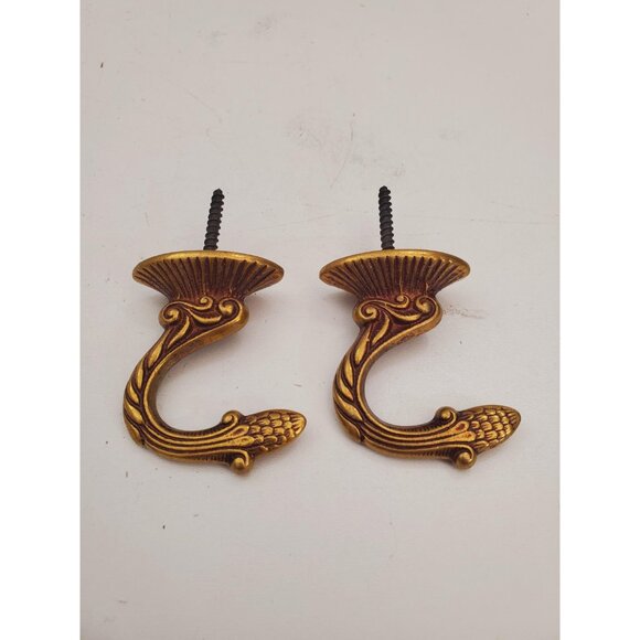 Pair of 2 Vintage Gold solid brass Hook Or Curtain Tie Back Wall Mounted Hook - Picture 7 of 10